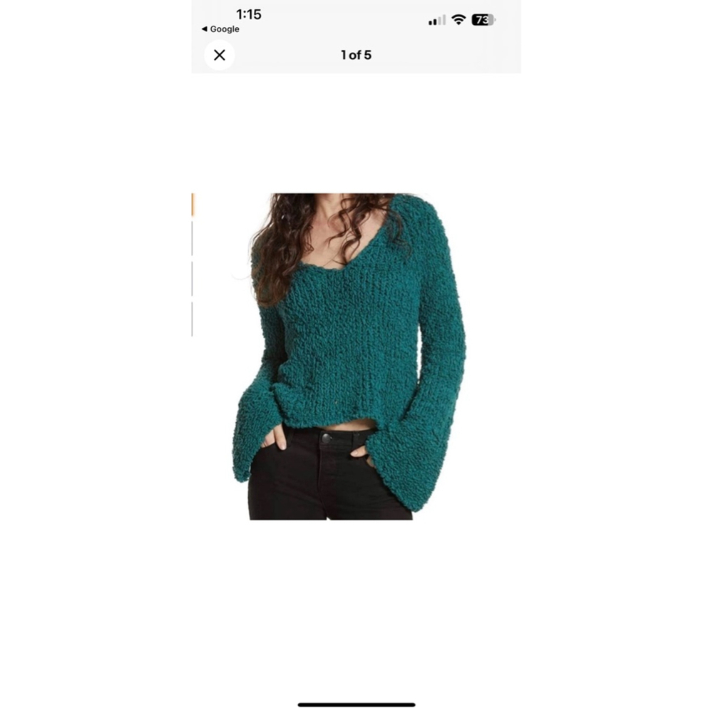 Free People Oversized Chunky Crochet VNeck Bell Sleeve Crop Sweater, Size large